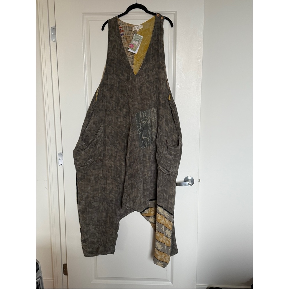 NWT - KanthaBae Silk Reversible Casual Olive Jumpsuit with Unique Pocket Design